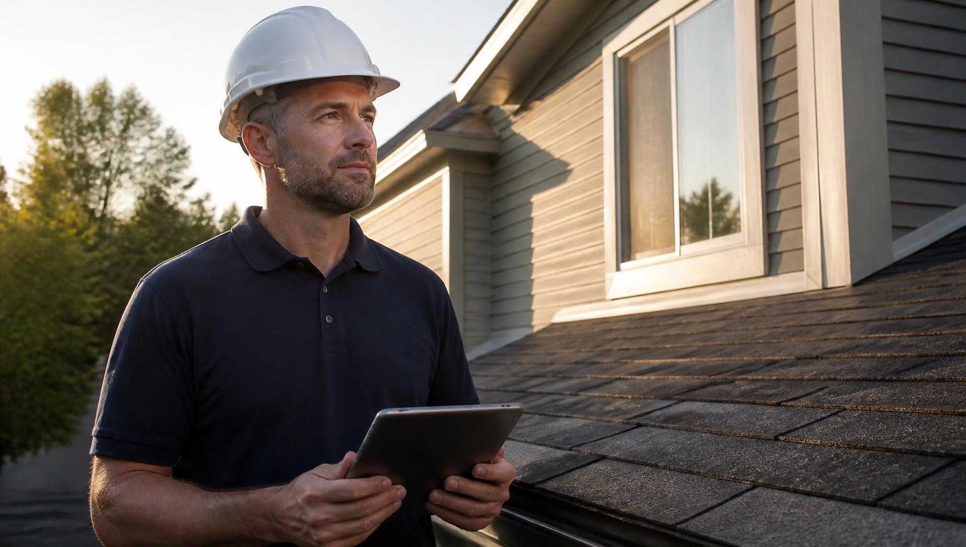Property inspector documenting a residential roof and home exterior